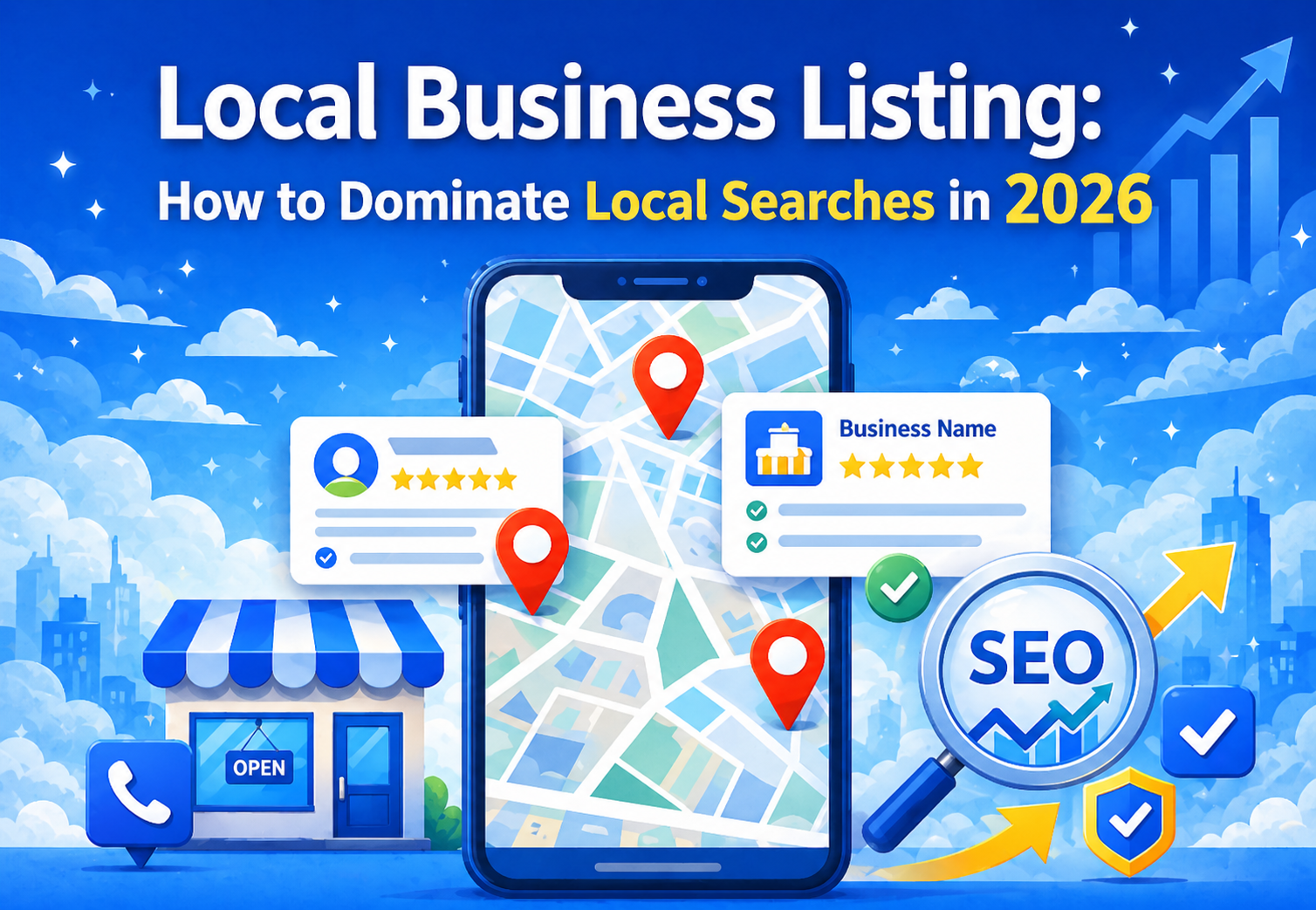 Local Business Listing visual with map listings, reviews, and digital marketing growth