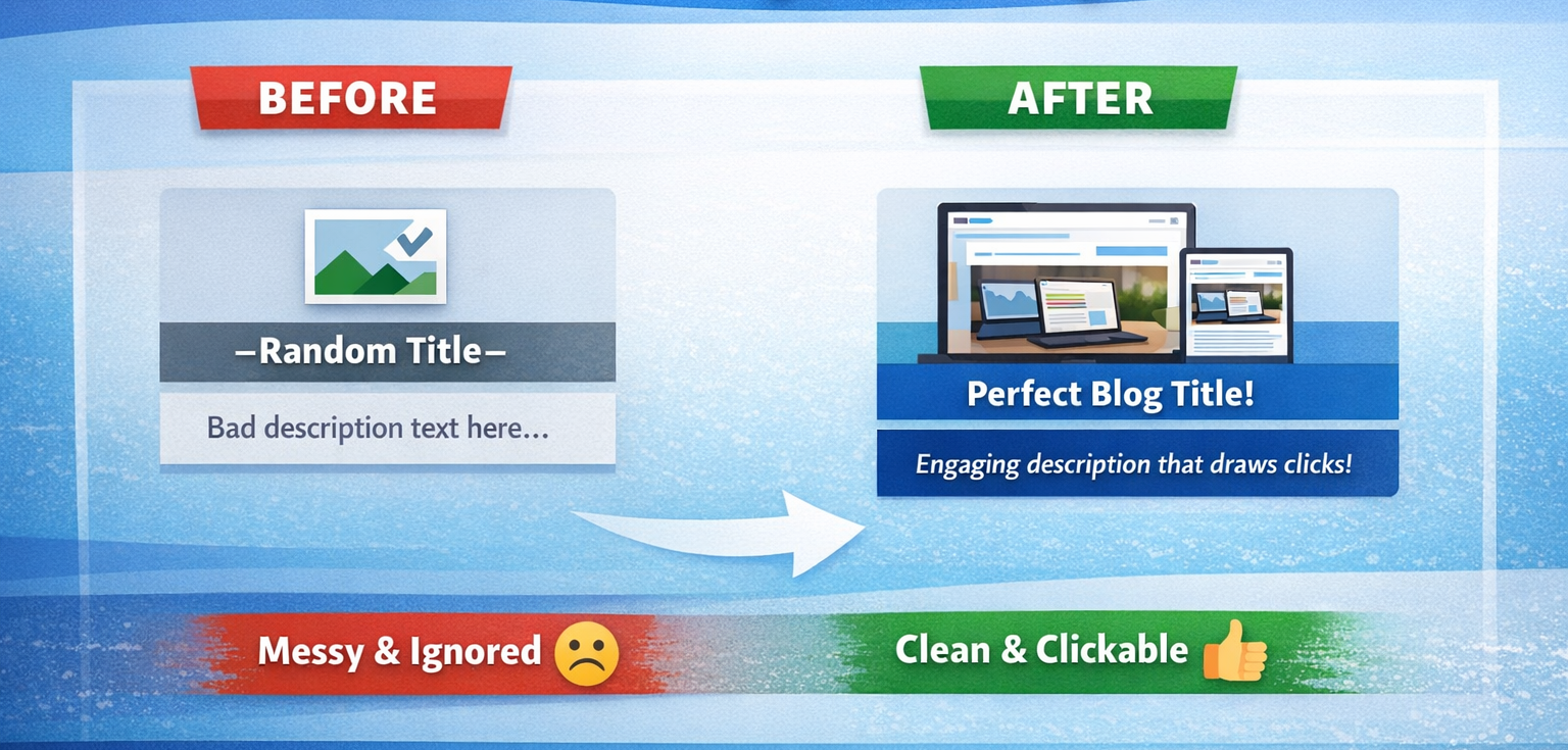 Open Graph before and after comparison showing messy social preview vs clean clickable blog preview