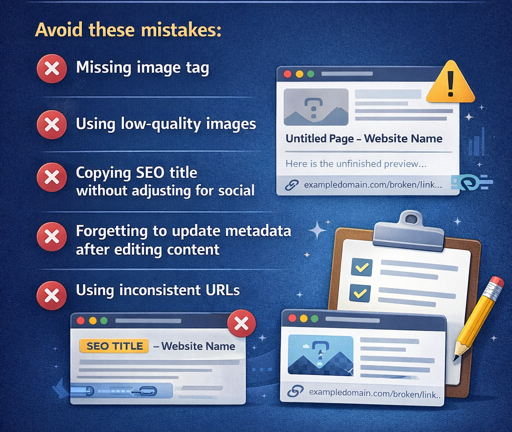 Open Graph implementation mistakes infographic with checklist and warning icons