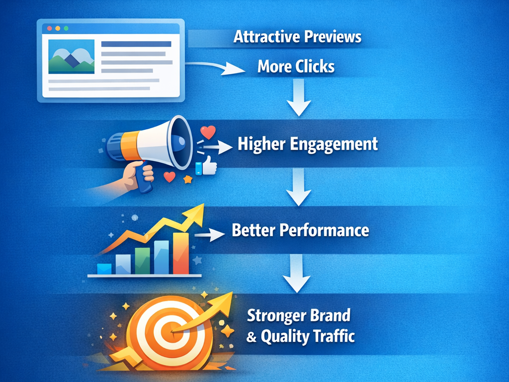 Open Graph indirect SEO benefits infographic showing how better previews lead to more clicks, higher engagement, and stronger brand visibility