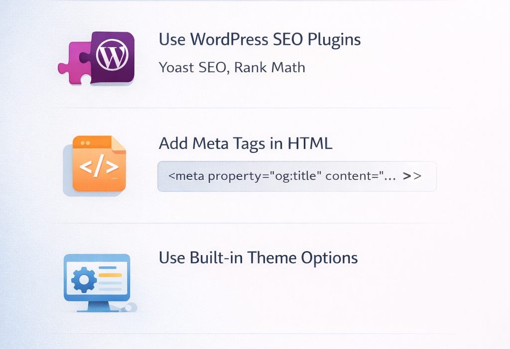 Infographic showing three easy ways to add Open Graph tags using WordPress plugins, HTML meta tags, or theme settings