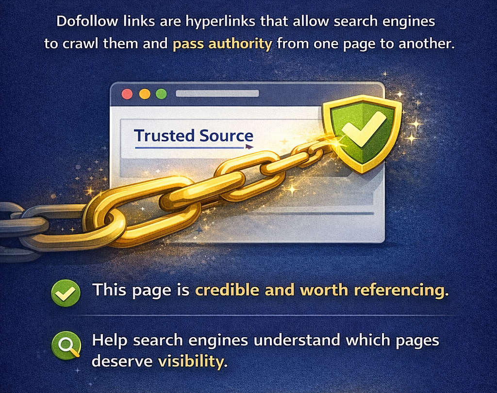 What are dofollow links infographic showing authority passing backlink from trusted source to target site