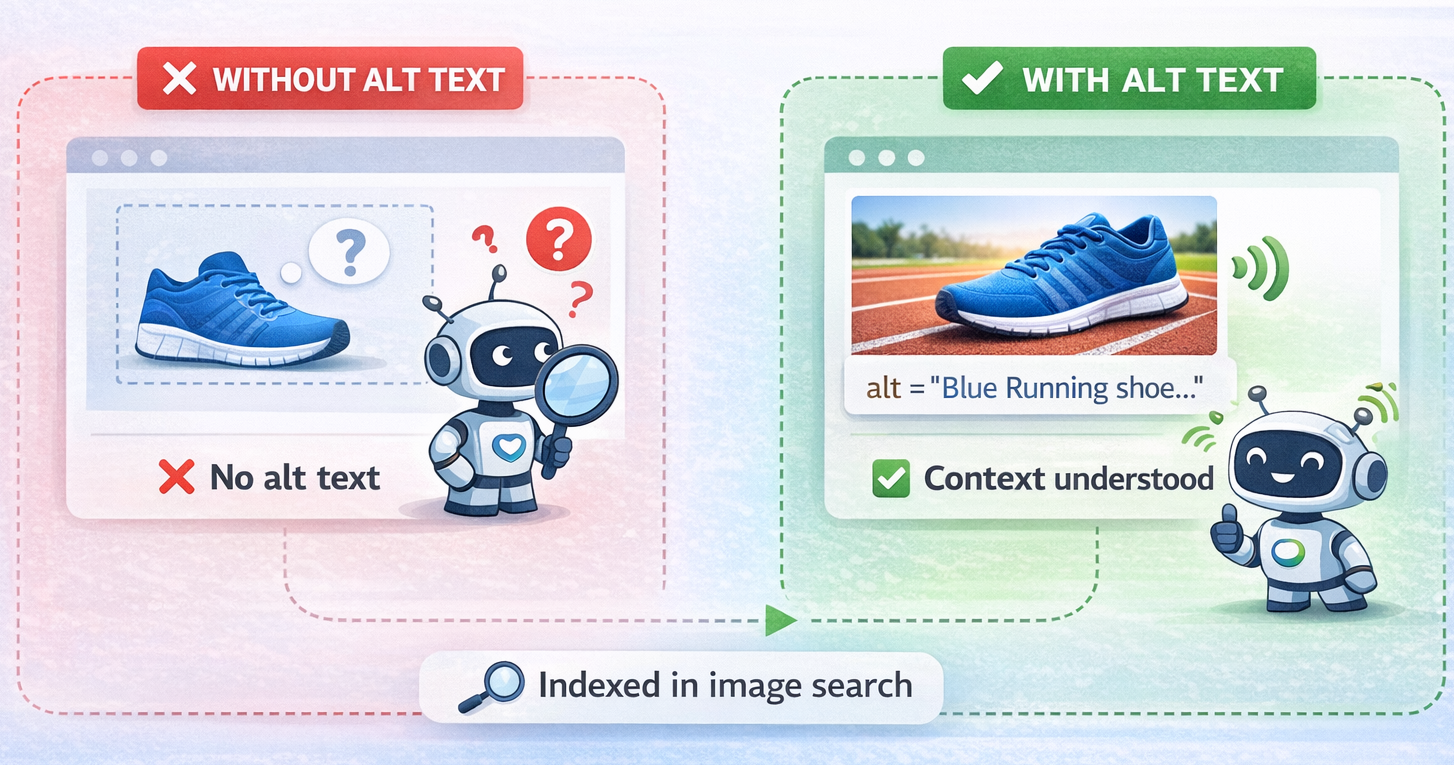 Comparison showing search engine bot confused without alt tag and understanding image with proper alt tag
