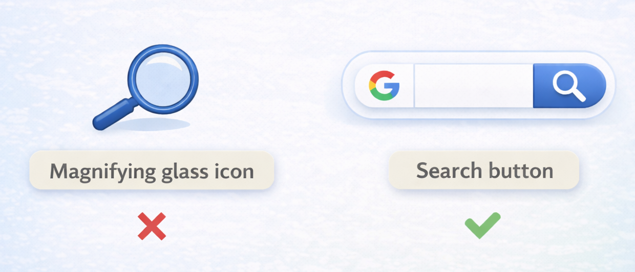 Comparison showing icon labeled as magnifying glass versus correctly described search button action