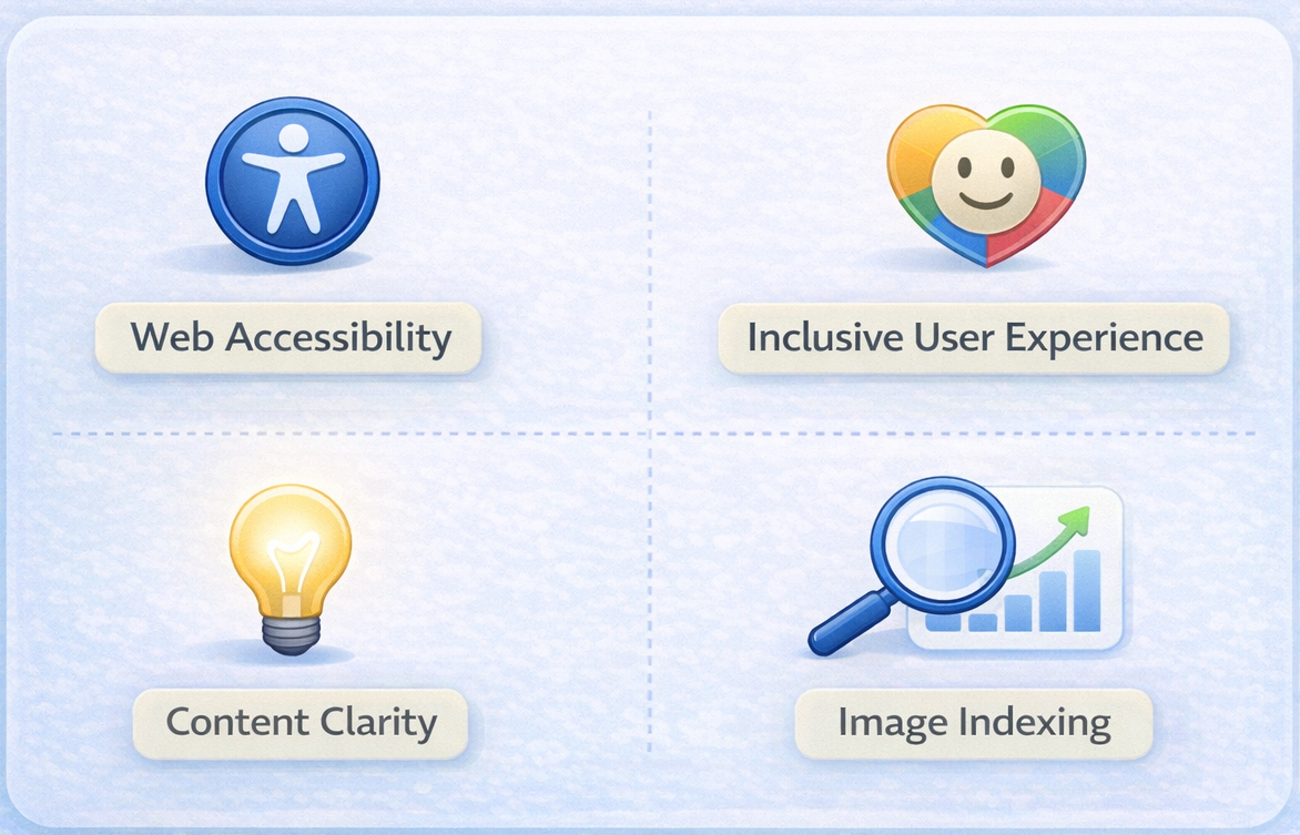 Illustration showing how alt tags support web accessibility, inclusive user experience, content clarity, and image indexing
