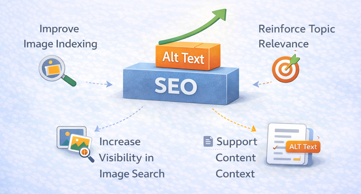 Infographic showing how alt text supports on page SEO through image indexing, topic relevance, image search visibility, and content context