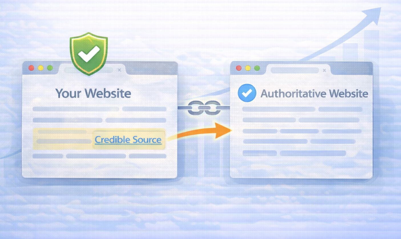 Illustration showing website linking to an authoritative external source to build trust and credibility
