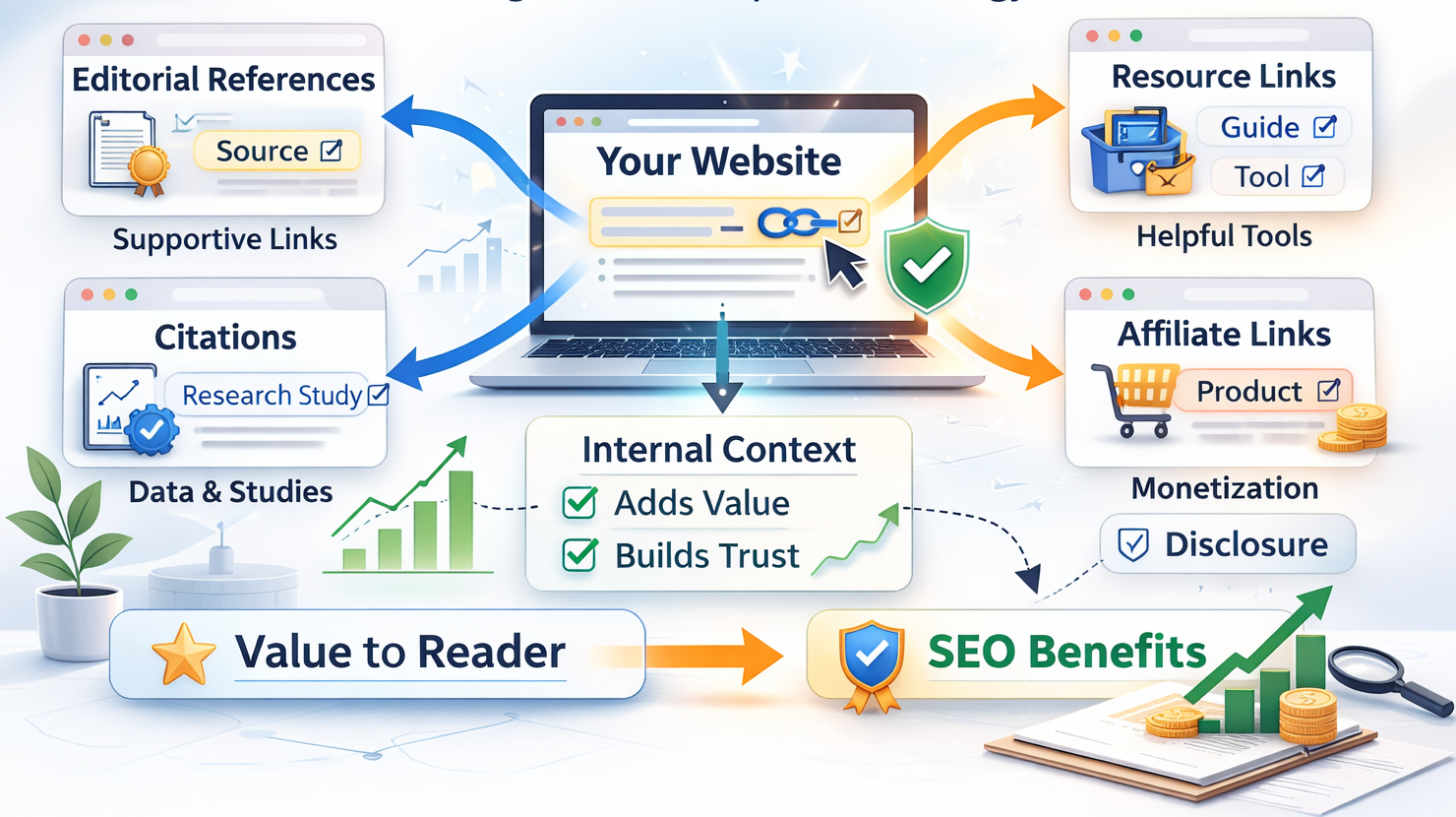 Infographic showing types of external links including editorial references, citations, resource links, and affiliate links and how they add value and SEO benefits