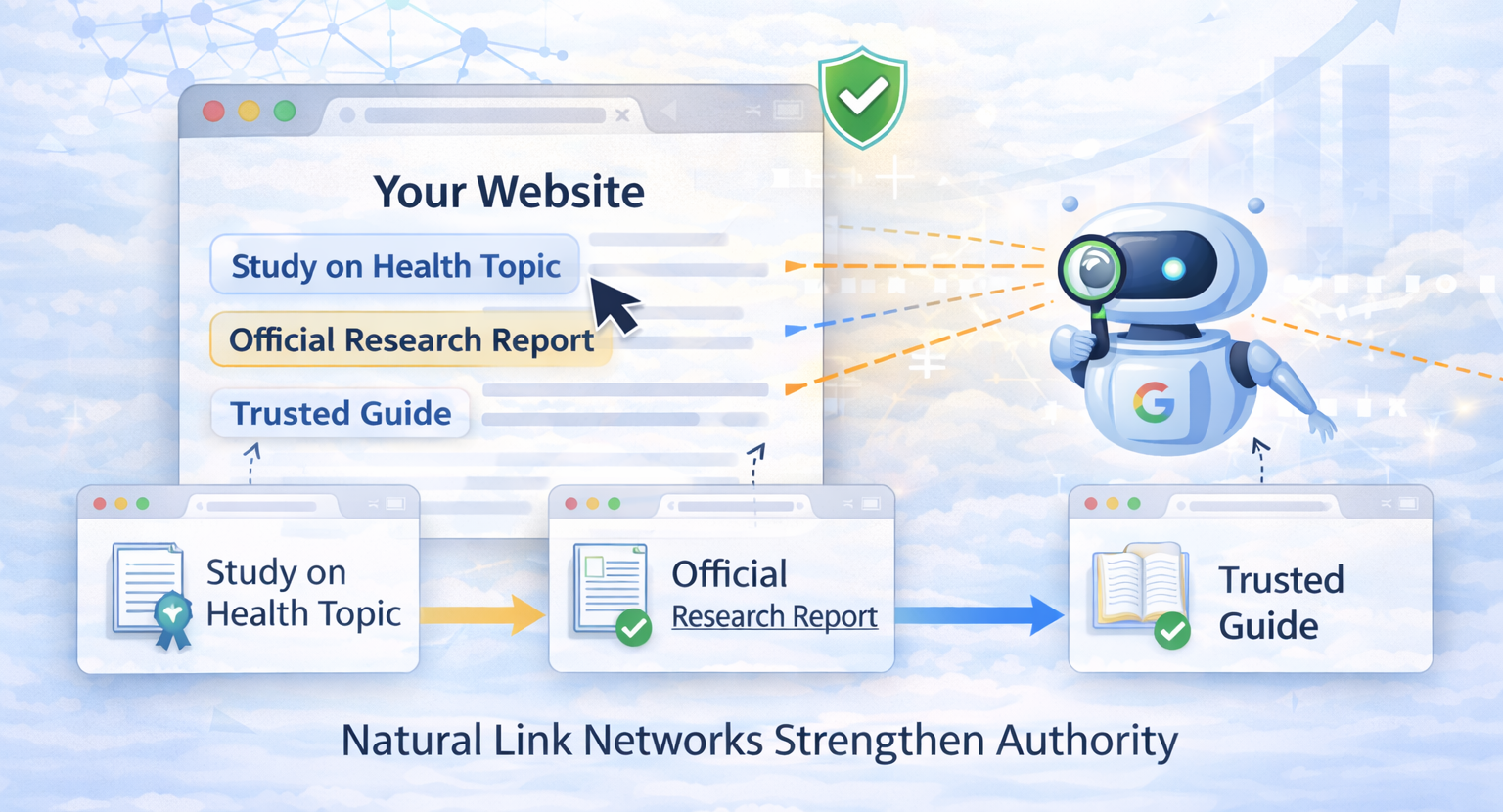 Website about health linking to medical research and trusted guidelines to demonstrate authoritative outbound linking