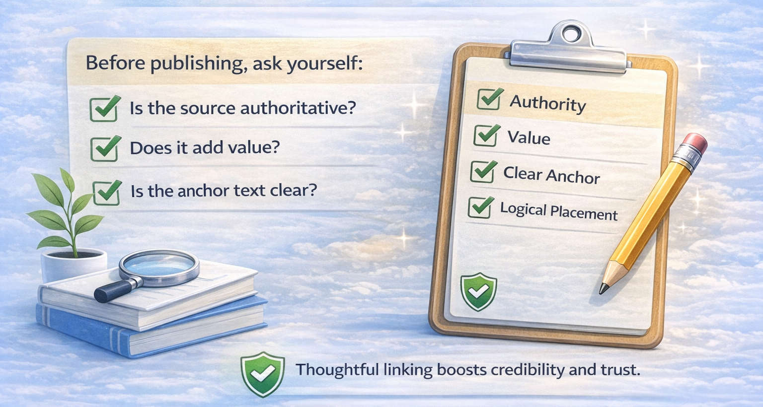 Checklist illustration showing authority, value, clear anchor text, and logical placement for evaluating external links