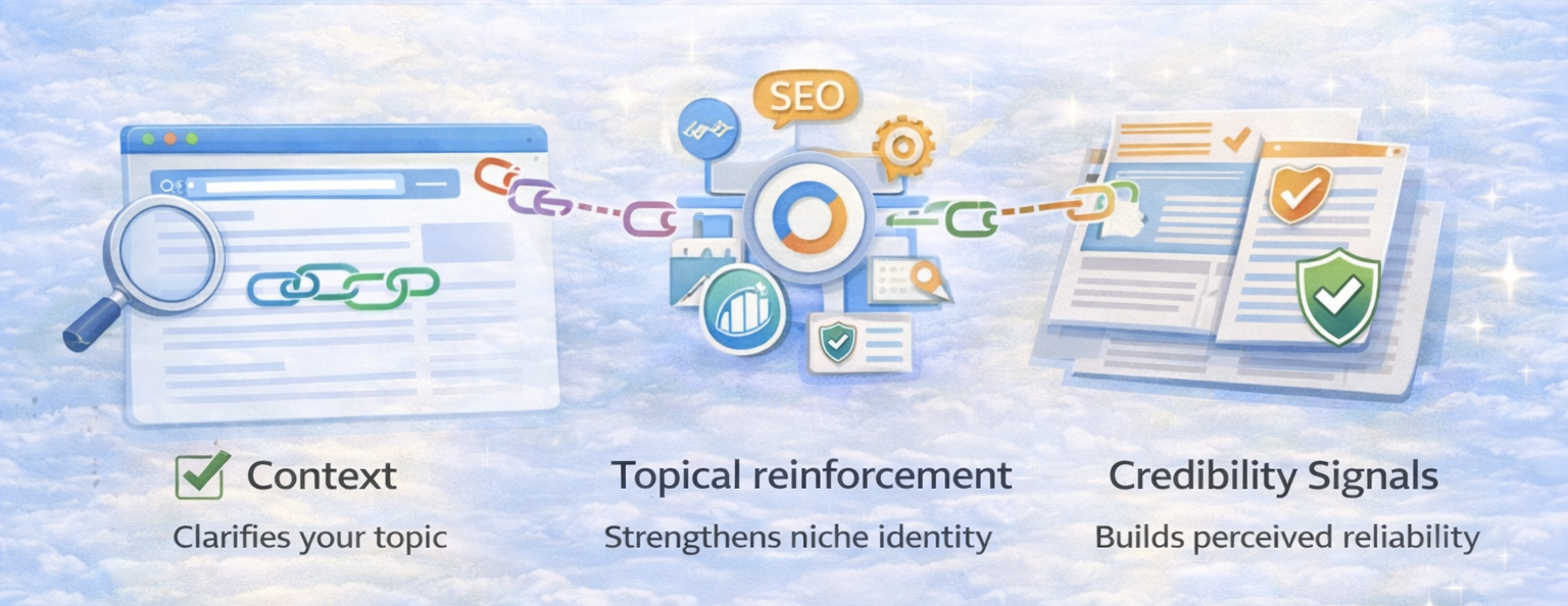 Infographic showing how outbound links improve SEO through context, topical reinforcement, and credibility signals