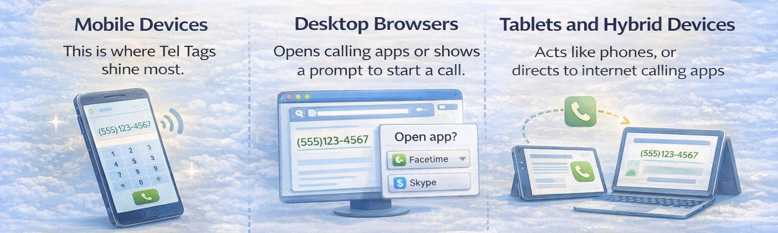 Infographic showing how click to call links behave differently on mobile devices, desktop browsers, and tablets
