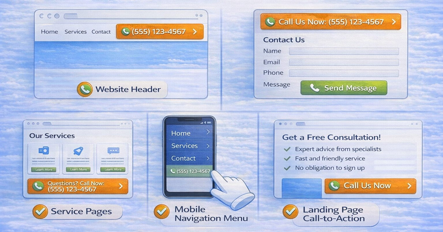 Infographic showing best website placements for click to call including header, contact page, service pages, mobile menu, and landing page sections
