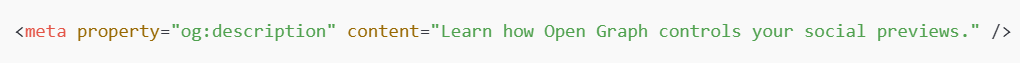 HTML meta tag example showing og:description property for Open Graph title setup