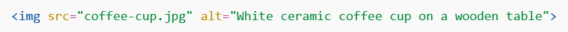 HTML img tag example showing alt attribute with coffee cup description