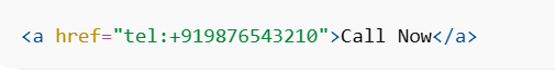 HTML tel link example showing clickable Call Now phone number