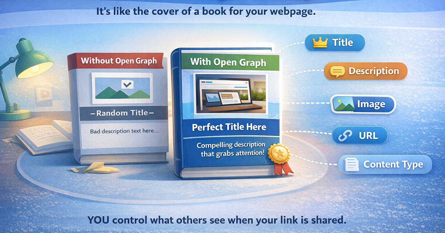 Open Graph social media preview comparison showing title, description, image, URL, and content type