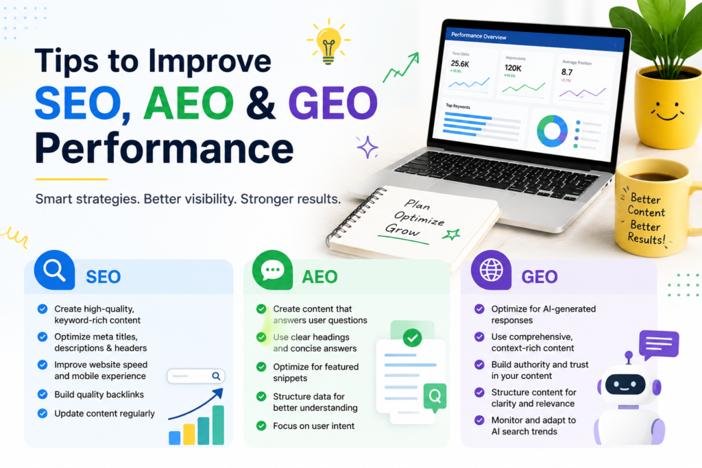 Tips to Improve SEO, AEO and GEO Performance